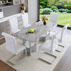 English Elm Modern White Faux Marble 7 Piece Dining Set Tufted Pvc Chairs for Kitchen Grey,White W3875S00058