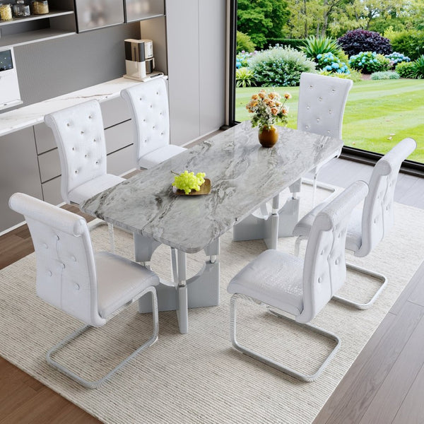 English Elm Modern White Faux Marble 7 Piece Dining Set Tufted Pvc Chairs for Kitchen Grey,White W3875S00058