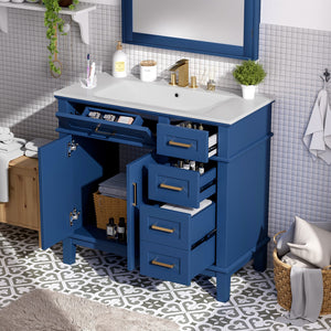 English Elm 36" Blue Modern Bathroom Vanity with Ceramic Sink, Solid Wood+MDF, Soft-Close Doors, 4 Drawers, Compact Elegance for Small Spaces N729P253935C