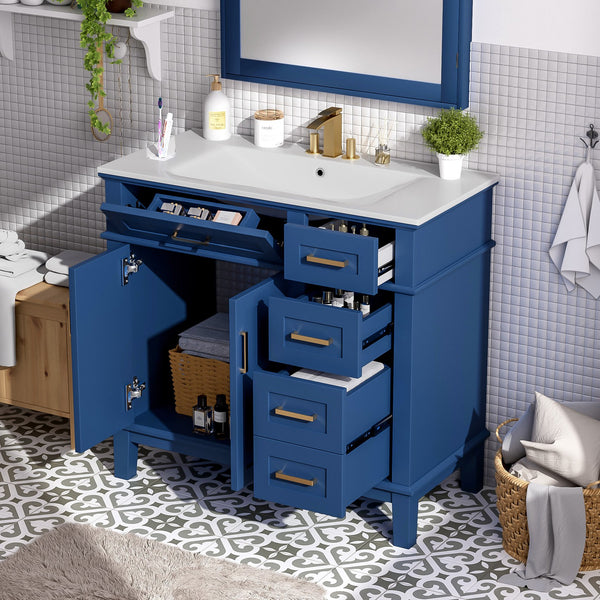 English Elm 36" Blue Modern Bathroom Vanity with Ceramic Sink, Solid Wood+MDF, Soft-Close Doors, 4 Drawers, Compact Elegance for Small Spaces N729P253935C