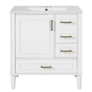English Elm 30" Elegant Bathroom Vanity with Ceramic Sink, Soft-Close Door & 3 Drawers, Gold Handles, Durable Finish White N729P184479K
