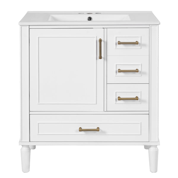English Elm 30" Elegant Bathroom Vanity with Ceramic Sink, Soft-Close Door & 3 Drawers, Gold Handles, Durable Finish White N729P184479K