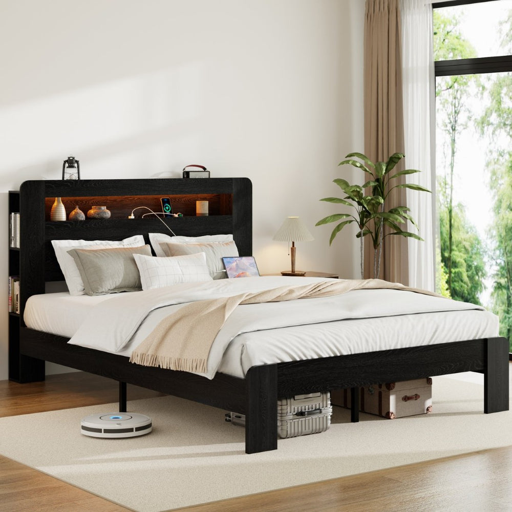 English Elm Bed Full Size Wood Platform with Led Headboard Usb Charging and Under Storage Space W636P318038