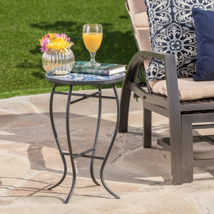 English Elm Christopher Knight Home® - Outdoor Round Side Table Ceramic Mosaic Top in Blue & White with Matte Black Curved Iron Legs, Stylish Patio Accent 61302.00