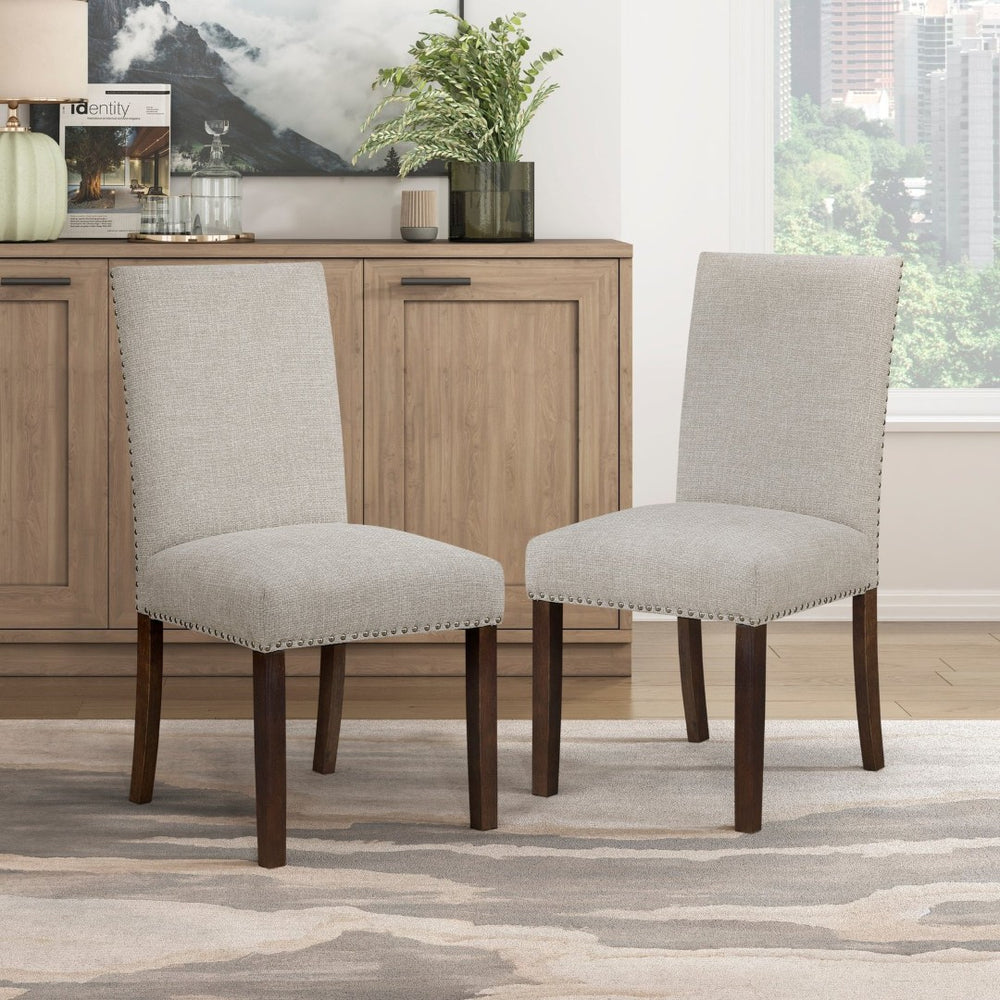 English Elm Gray Upholstered Parsons Dining Chairs Set of 2 Nailhead Trim Solid Wood Legs Taupe B011P437962