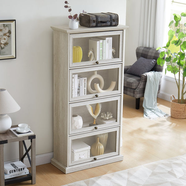 English Elm Glass 4-Tier Display Cabinet with Tempered Glass Doors, Flip-Up Access, Aluminum Frame, Elegant Chic Storage for Collectibles and Books Antique White W2275P206602