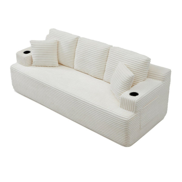English Elm Boneless Floor Sofa Corduroy Upholstered 5 Seat Low Profile with Cup Holders for Living Room Beige W1117S00437