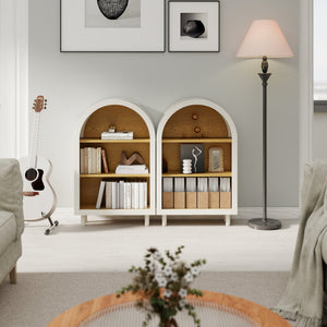 English Elm Arched White & Woodgrain Bookcase with 3 Shelves — Elegant Arched Top, Solid Wood Legs, Versatile Storage W2557P331018