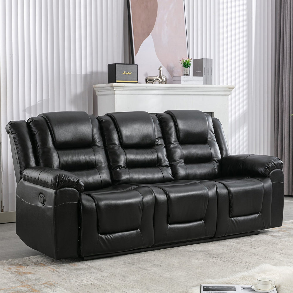 English Elm Home Theater Recliner Set Manual recliner with wide armrests, dual cup holders, durable PU upholstery, sturdy iron frame and foam comfort for living room and bedroom relaxation Black SG001460AAB