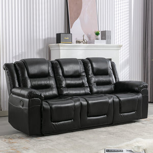 English Elm Home Theater Recliner Set Manual recliner with wide armrests, dual cup holders, durable PU upholstery, sturdy iron frame and foam comfort for living room and bedroom relaxation Black SG001460AAB