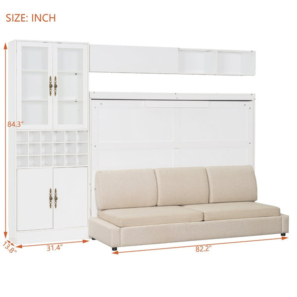 English Elm Full Size Murphy Wall Bed with Linen Sofa Integrated Shelving Usb Charging and Lighting LP000763AAK