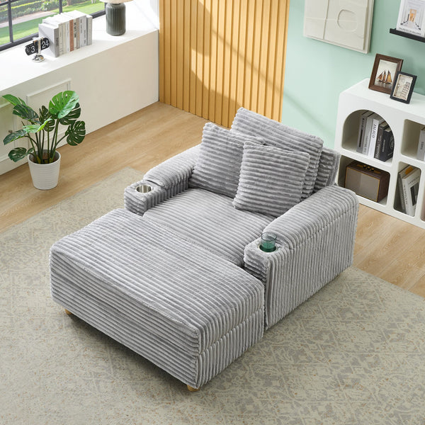 English Elm Grey corduroy single sofa with ottoman storage, built-in armrest compartments, washable covers, 500lb capacity W1658S00139