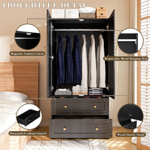 English Elm Shaker Two Door Wardrobe Armoire with Hanging Rod Drawers and Bedroom Storage T3210P477663