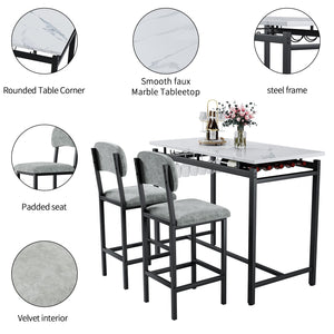English Elm Modern Bar Table Set for 2 with Marble-Style MDF Top, Sturdy Steel Frame, Cushioned PU Chairs, Grey/Black Finish W578P150070