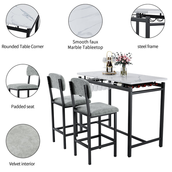 English Elm Modern Bar Table Set for 2 with Marble-Style MDF Top, Sturdy Steel Frame, Cushioned PU Chairs, Grey/Black Finish W578P150070