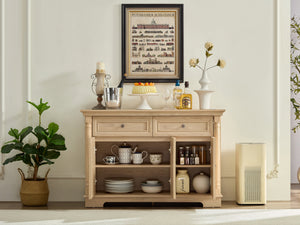 English Elm Farmhouse Large Wooden Storage Cabinet - Roman Column Style, Versatile Coffee Bar & Wine Cooler W2393P300542