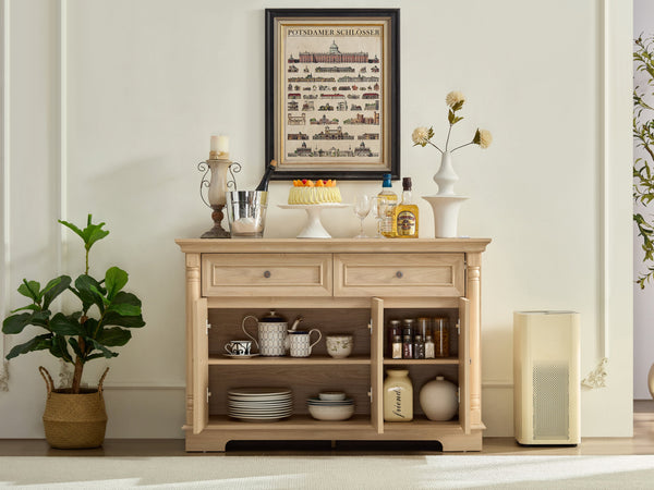 English Elm Farmhouse Large Wooden Storage Cabinet - Roman Column Style, Versatile Coffee Bar & Wine Cooler W2393P300542