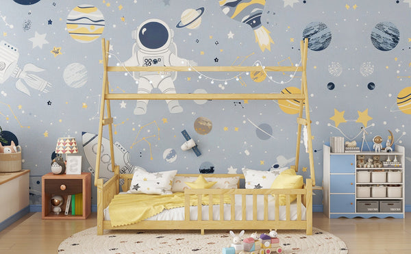 English Elm Twin Montessori Floor Bed House Frame with Led Lighting and Safety Rails for Kids Natural W2593P440573