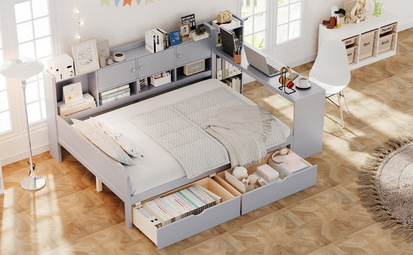 English Elm Full Full Size Daybed with Storage: L-Shape Wooden Frame, 3 Cabinets 2 Drawers, Desk & Bookshelf Gray N733S247077E