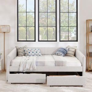 English Elm Queen Size Upholstered Daybed With Trundle & Storage Drawers, Stylish Beige Linen, Comfort & Function W1413S00068-GIGA