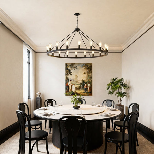 English Elm 53 Inch Matte Black Wagon Wheel Chandelier 18 Light Farmhouse Foyer Statement Fixture W5008P393041