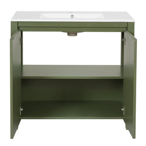 English Elm 36" Bathroom Vanity Organizer with Ceramic Sink, Solid Wood Distressed Finish, Hand-Painted Charm and Ample Storage Olive Green N729P255666F
