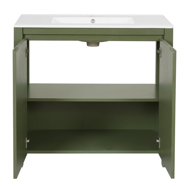 English Elm 36" Bathroom Vanity Organizer with Ceramic Sink, Solid Wood Distressed Finish, Hand-Painted Charm and Ample Storage Olive Green N729P255666F