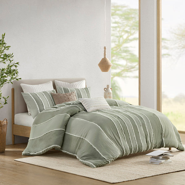 JLA Home INK+IVY - 3 Piece Striped Cotton Duvet Cover Set — Breathable 100% Cotton, OEKO‑TEX Certified, Boho Chic Comfort Sage II12-1323