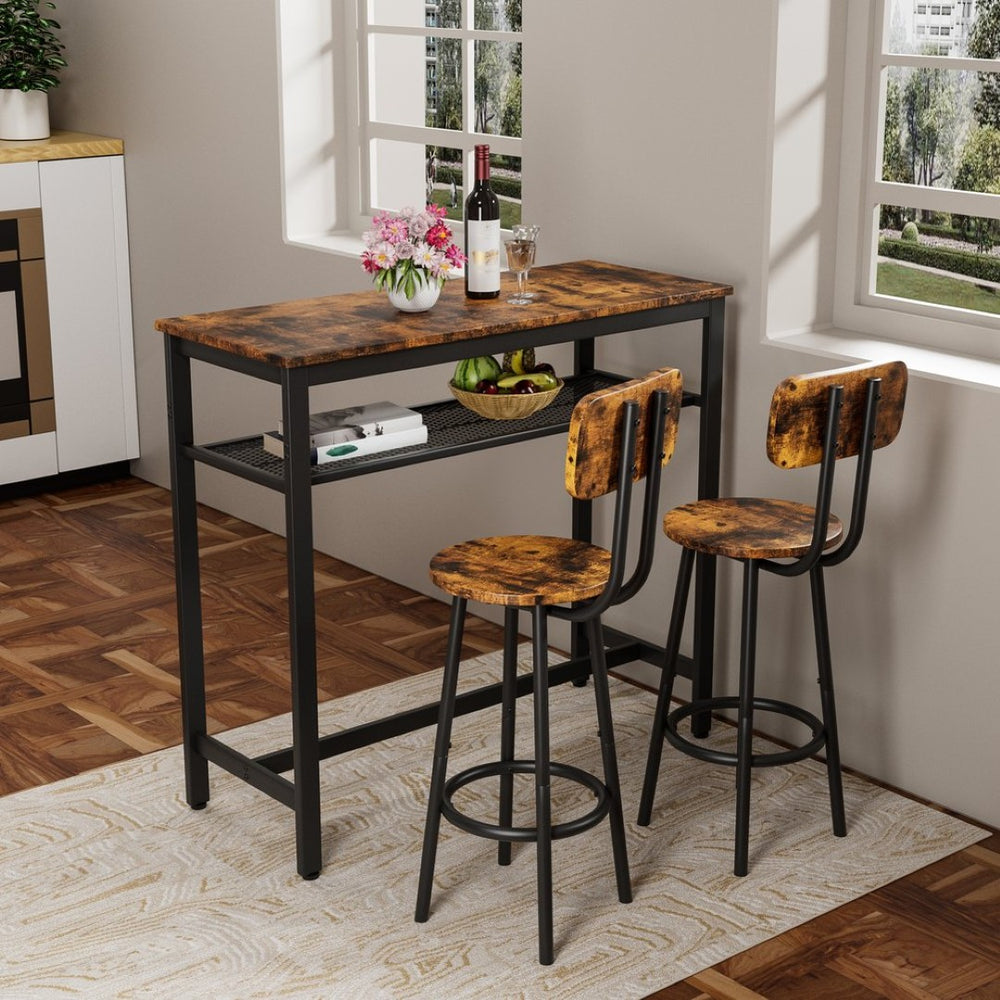 English Elm Bar Table Set with Two Backrest Stools Wood Grain Mdf Industrial Rustic Kitchen W57868883