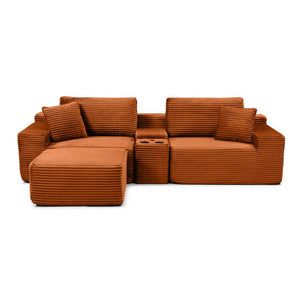 English Elm Modular Cloud Sectional Sofa with Corduroy Deep Seating Usb Ports and Storage Ottoman Orange W1117S00363