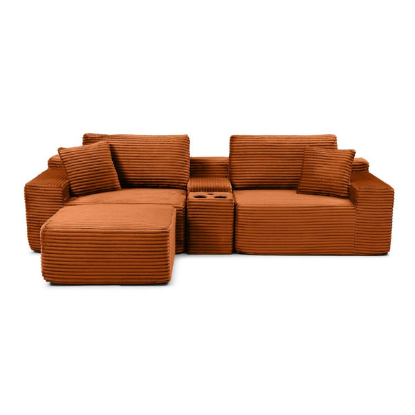 English Elm Modular Cloud Sectional Sofa with Corduroy Deep Seating Usb Ports and Storage Ottoman Orange W1117S00363