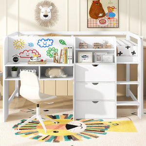 English Elm Full Size Low Loft Bed With Desk, Storage Solutions & Whiteboard For Creative Learning – White Finish N7090005005K