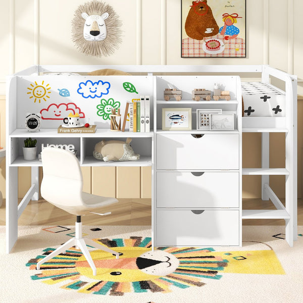 English Elm Full Size Low Loft Bed With Desk, Storage Solutions & Whiteboard For Creative Learning – White Finish N7090005005K