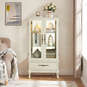 English Elm Curio Lighted Glass Display Cabinet with Adjustable Shelves, Vintage Drawer & Carved Metal Handle, Dark Finish Antique White W2275P199815