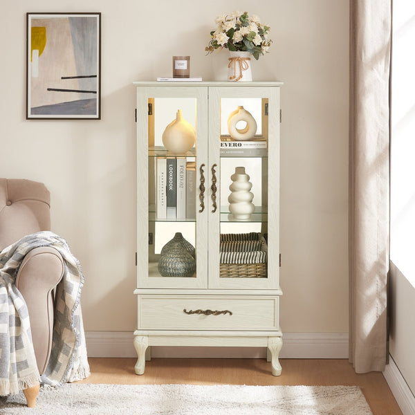 English Elm Curio Lighted Glass Display Cabinet with Adjustable Shelves, Vintage Drawer & Carved Metal Handle, Dark Finish Antique White W2275P199815