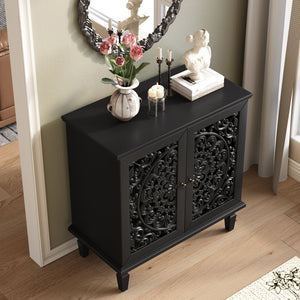 English Elm Vintage Hollow-Carved Accent Cabinet with Floral Motif, 2-Door Sideboard, Adjustable Shelf, Solid Wood Legs Black W1445P384721