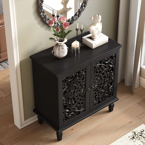 English Elm Vintage Hollow-Carved Accent Cabinet with Floral Motif, 2-Door Sideboard, Adjustable Shelf, Solid Wood Legs Black W1445P384721