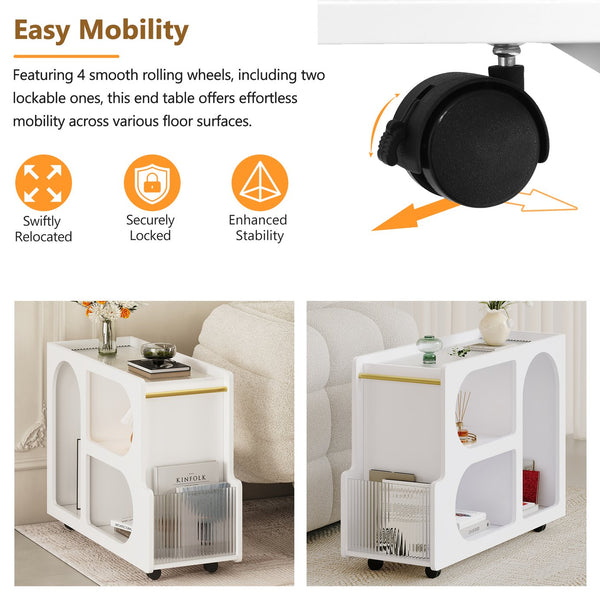 English Elm ON-TREND Mobile End Table with Locking Wheels, Fluted Tempered Glass Top, Gold Rod Accent, Sleek Storage Design White N721P179241K