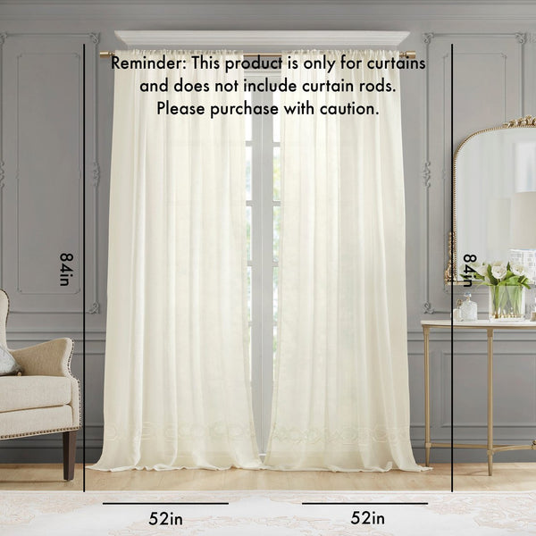 English Elm Embroidery Curtain Panel - Elegant Semi-Sheer Design With Embroidered Hem, 52"W X 84"L, Single Panel B035129647