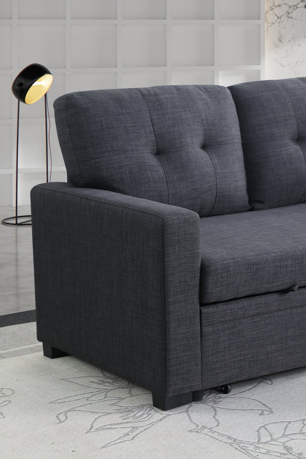 English Elm Tufted Linen Sectional Sleeper Sofa with Storage Ottoman and Reversible Chaise Dark Gray B2730S00050