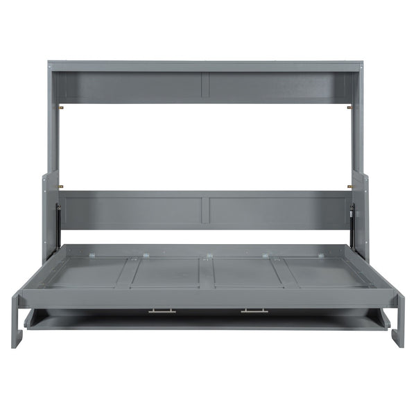 English Elm Queen Size Murphy Bed With Hydraulic Lift & Integrated Desk - Space-Saving Gray Design For Versatile Living N820S00033E-GIGA