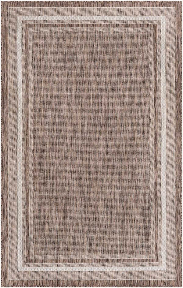 Unique Loom Outdoor Border Soft Border Machine Made Border Rug Brown, Ivory/Gray 5' 3" x 8' 0"