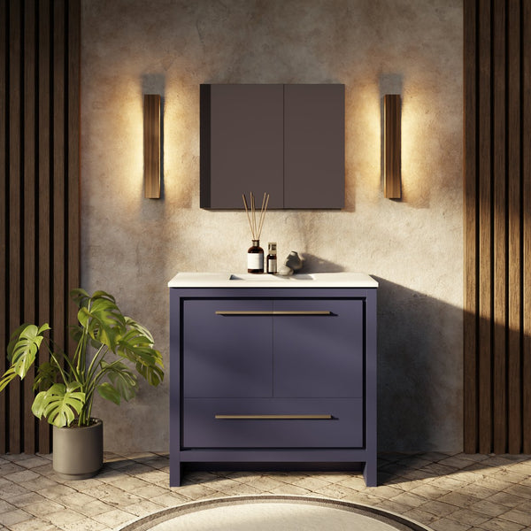 English Elm Navy Blue Single-Sink Vanity Set With White Quartz Top, Gun Metal Faucet & 28" Mirror For Modern Baths B2731S02065