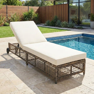 English Elm Trexm Outdoor Pe Rattan Chaise Lounge Iron Frame Poolside Chair with Adjustable Backrest Beige,Grey Brown TM000016AAN