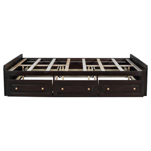 English Elm Wood Queen Size Platform Bed Frame with 6 Drawers for Storage, Sturdy Pine/MDF Slat System, 500lb Capacity Espresso N709P241723P