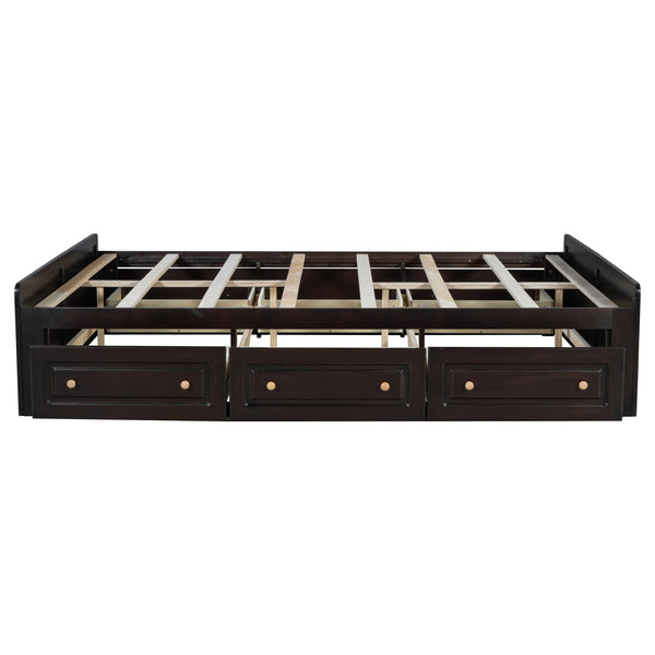 English Elm Wood Queen Size Platform Bed Frame with 6 Drawers for Storage, Sturdy Pine/MDF Slat System, 500lb Capacity Espresso N709P241723P