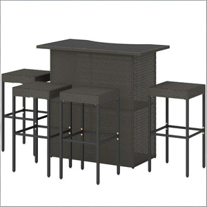 English Elm Bar Height Outdoor Wicker Patio Set with Tempered Glass Table and Four Stools Dark Brown T3971S00212