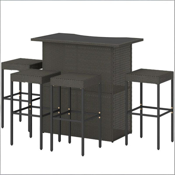 English Elm Bar Height Outdoor Wicker Patio Set with Tempered Glass Table and Four Stools Dark Brown T3971S00212