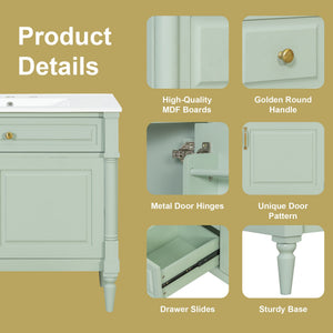 English Elm 36" Freestanding Bathroom Vanity With Stylish Ceramic Basin, Smart Storage & Elegant Green Finish N725P356064F