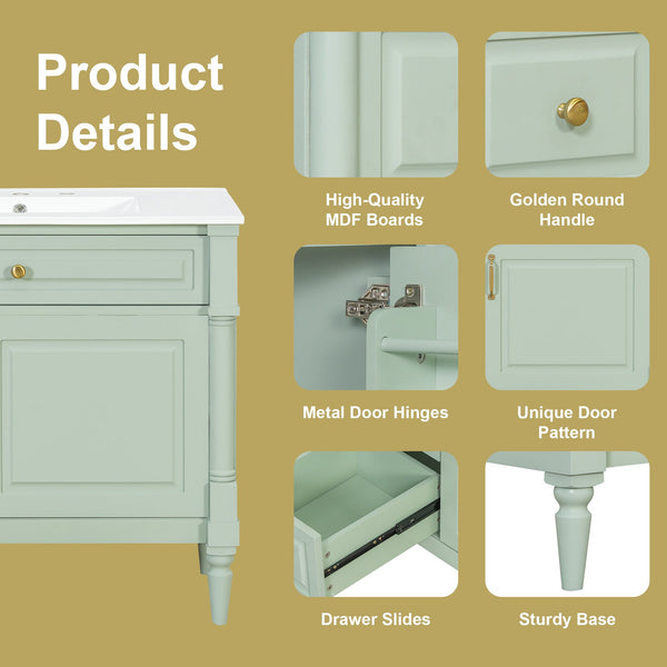 English Elm 36" Freestanding Bathroom Vanity With Stylish Ceramic Basin, Smart Storage & Elegant Green Finish N725P356064F